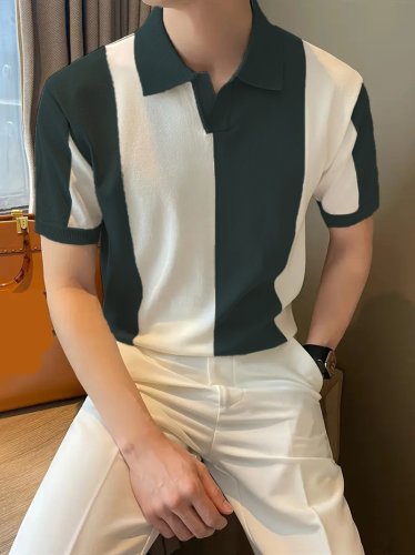 Erkek Kısa Kollu Polo Yakalı Blok Desenli Triko Bluz, 24764