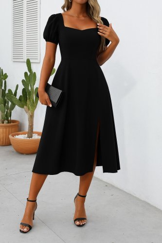 Kadın Kısa Kollu Kare Yakalı Yırtmaçlı Midi Janjan Krep Elbise , 24766