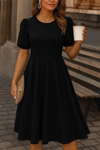 Kadın Kısa Balon Kollu Bisiklet Yaka Geniş Kesim Janjan Krep Elbise , 24885