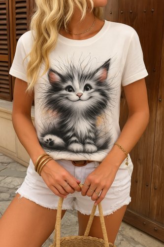 Kadın Kısa Kollu Bisiklet Yaka Kedi Baskılı Süprem Bluz, 25172