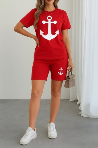 Kadın Kısa Kollu çapa Baskılı Viskon Ikili Takım, 25309