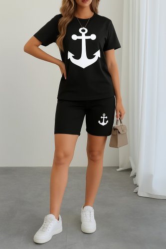 Kadın Kısa Kollu çapa Baskılı Viskon Ikili Takım, 26662