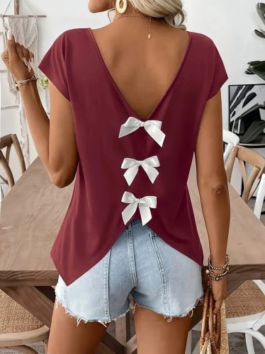 Kadın Kısa Kollu V Yakalı Arkadan Kurdele Detaylı Viskon Bluz, 25343