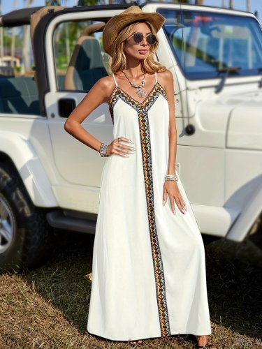 Kadın Askılı V Yakalı Etnik şerit Detaylı Uzun Viskon Elbise , 25408