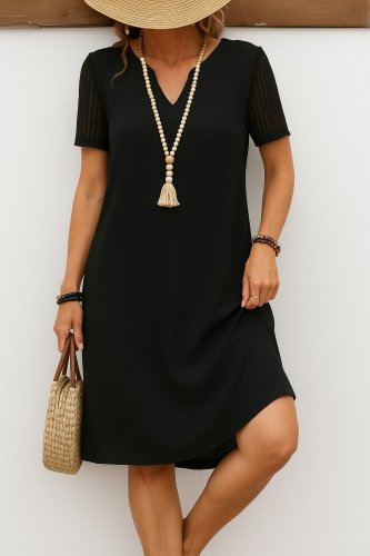 Kadın Kısa Kollu V Yakalı Kısa Janjan Krep Elbise , 25466