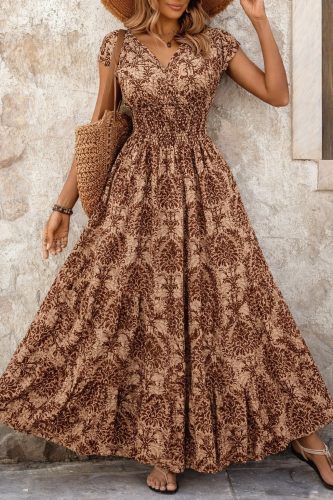 Kadın Kısa Kollu Kruvaze Yaka Beli Lastikli Süprem Maksi Boy Elbise, 25489