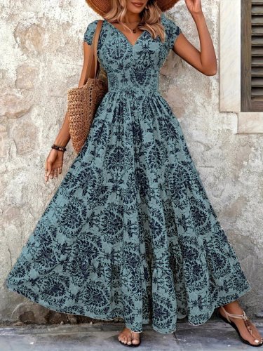 Kadın Kısa Kollu Kruvaze Yaka Beli Lastikli Süprem Maksi Boy Elbise, 25490