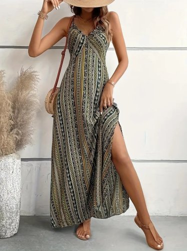 Kadın Ip Askılı Sırttan çapraz Detaylı Yırtmaçlı Desenli Süprem Elbise , 26434