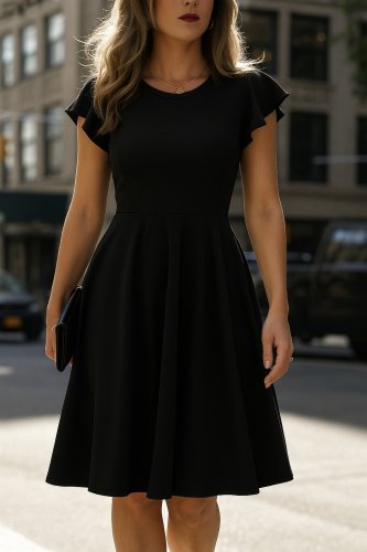 Kadın Kelebek Kollu Bisiklet Yakalı Pileli Ithal Krep Elbise , 27311