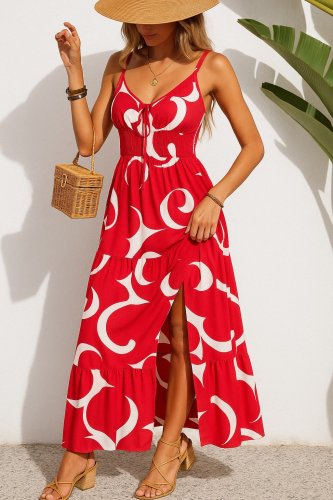 Kadın Ip Askılı Dekolteli Bağcıklı Yırtmaçlı Desenli Süprem Elbise , 27210