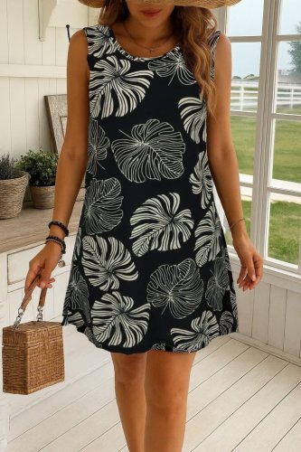 Kadın Sıfır Kollu Yuvarlak Yaka Desenli Süprem Elbise , 25859