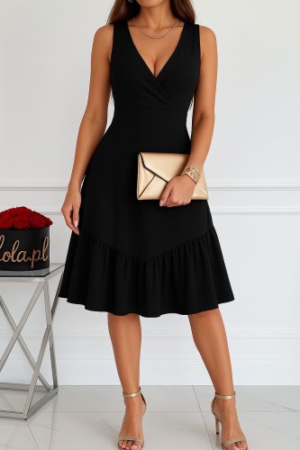 Kadın Askılı Kruvaze Yakalı Fırfırlı Janjan Krep Elbise , 27107