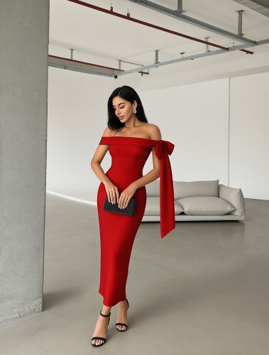 Kadın Omuz Dekolte Kurdele Detay Uzun Krep Elbise, 25986