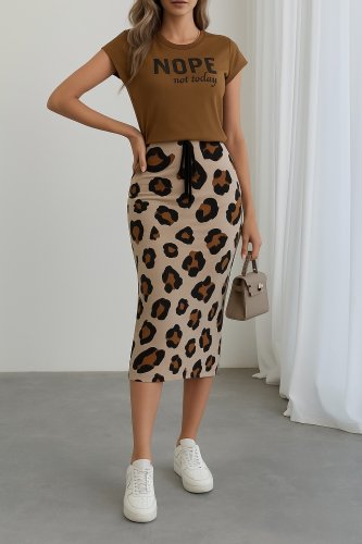 Kadın Kısa Kollu Bisiklet Yaka Viskon Bluz Desenli Dalgıç Etek Ikili Takım , 27101