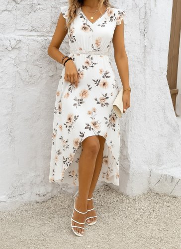 Kadın Kısa Kollu V Yakalı çiçek Desenli önü Kısa Arkası Uzun Pegasus Elbise, 26249