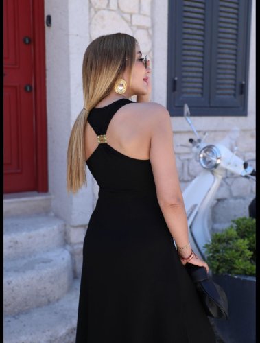 Kadın Omuzlardan Açık Arkadan Aksesuar Detaylı Yırtmaçlı Janjan Krep Elbise , 26349