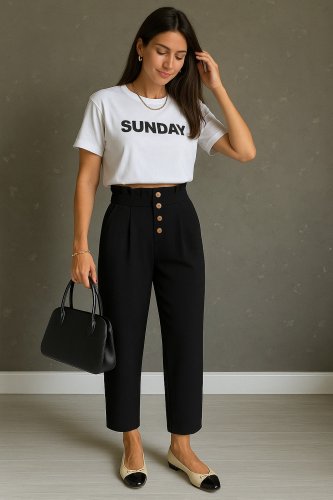 Kadın Yüksek Belli önden Düğmeli Ithal Keten Pantolon , 27632