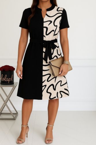 Kadın Kısa Kollu V Yakalı çift Renkli Desenli Beli Kuşaklı Atlas Elbise , 24929