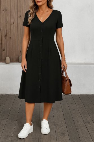 Kadın Kısa Kollu V Yakalı önden Düğmeli A Kesim Dokuma Elbise, 27114