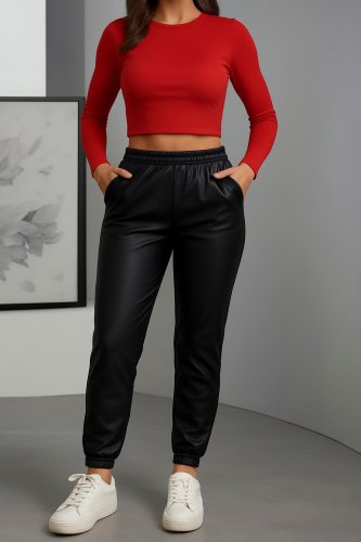 Kadın Paçası Lastikli Cep Detaylı Deri Tayt, 21697