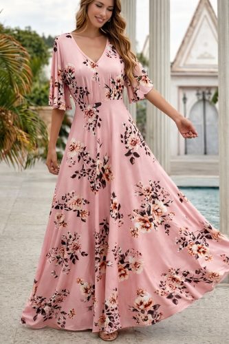 Kadın Kısa Kollu V Yakalı Desenli Süprem Elbise , 33182