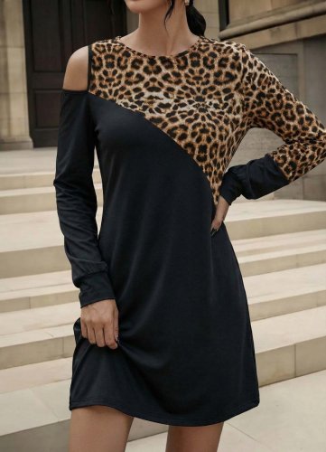 Kadın Uzun Kollu Omuzdan Açık Leopar Desenli Viskon Iki Iplik Mini Elbise , 27869