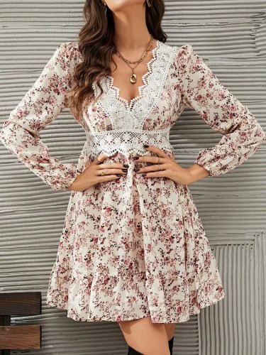 Kadın Uzun Kollu Dantel V Yakalı Mini Desenli Süprem Elbise, 32954