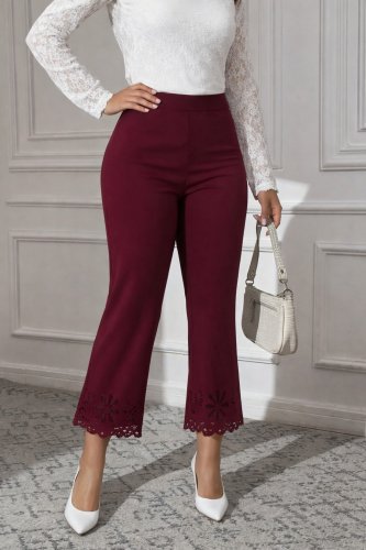 Kadın Yüksek Bel Paçaya Doğru Genişleyen Lazer çiçek Kesim Detaylı Ithal Krep Pantolon , 25105