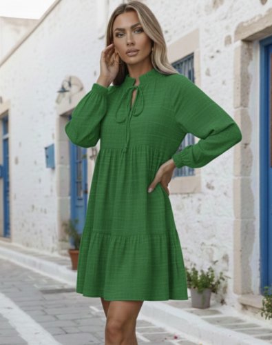 Kadın Uzun Kollu Yakadan Bağcıklı Fırfırlı Keten Mini Elbise , 30285