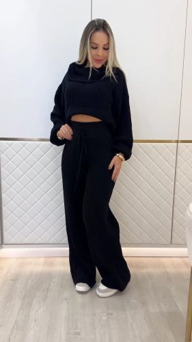 Kadın Uzun Kollu Balıkçı Yaka Kısa Triko Bluz Ve Pantolon Ikili Takım , 29957