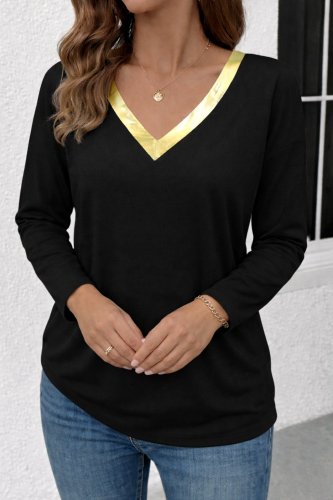 Kadın Uzun Kollu V Parlak Yaka Detaylı Viskon Bluz , 29649