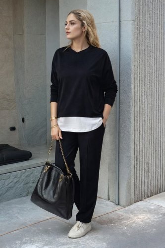 Kadın Uzun Kollu Kapşonlu Bağcıklı Viskon Iki Iplik Bluz Ve Pantolon Ikili Takım , 29952