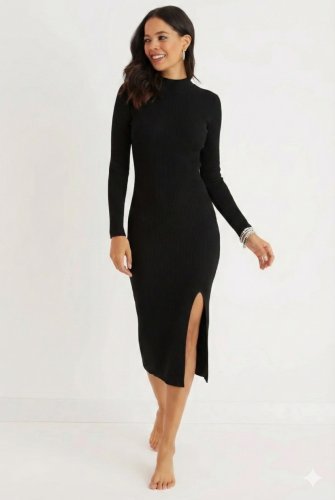 Kadın Uzun Kollu Balıkçı Yakalı Yanlardan Yırtmaçlı Kaşkorse Maxi Elbise , 30109