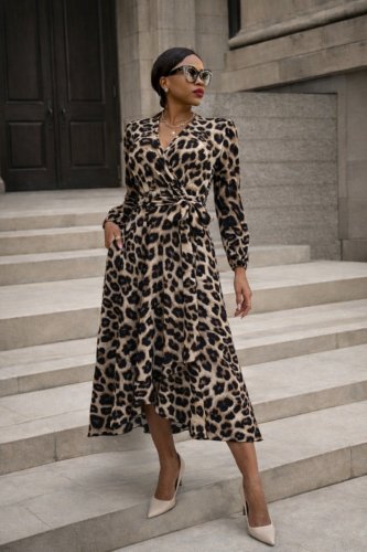 Kadın Uzun Kollu Kruvaze Yakalı Belden Kuşaklı Leopar , 21821