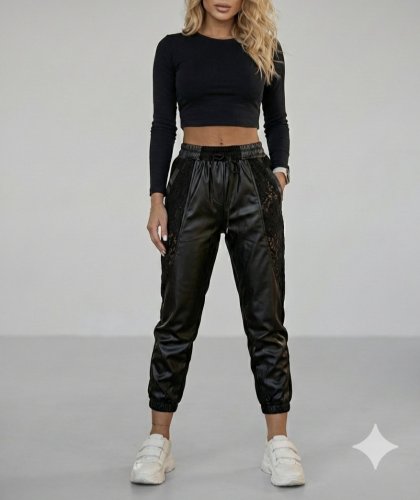 Kadın Yüksek Bel Lastikli Yanda Dantel Detaylı Bağcıklı Deri Pantolon , 30179