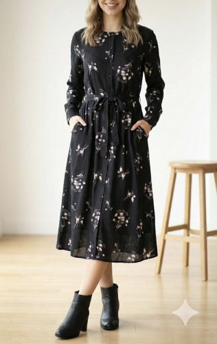 Kadın Uzun Kollu Hakim Yakalı Düğmeli Kuşaklı Desenli Maxi Mikro Süprem Elbise, 30235