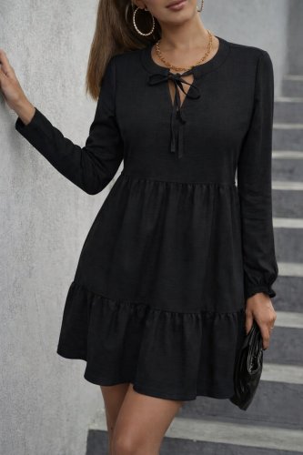 Kadın Uzun Kollu Yakadan Bağcıklı Fırfırlı Keten Mini Elbise , 30284