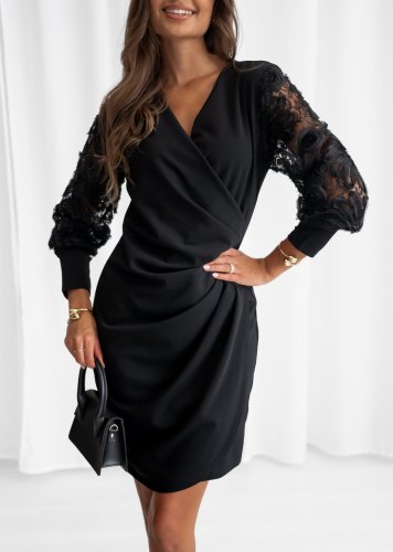 Kadın Uzun Kollu Kruvaze Yakalı önden çapraz Detaylı Kolları çiçek Dantel Detaylı Mini Ithal Krep Elbise , 30536