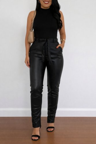 Kadın Yüksek Bel Kuşaklı Deri Pantolon , 30549