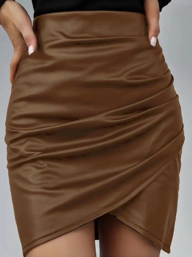 Kadın Yüksek Bel Yandan Fermuarlı Pileli Mini Deri Etek, 30562