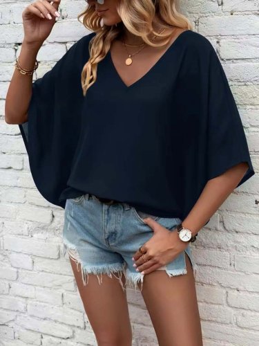 Kadın Kısa Kollu V Yakalı Salaş Viskon Bluz , 30641