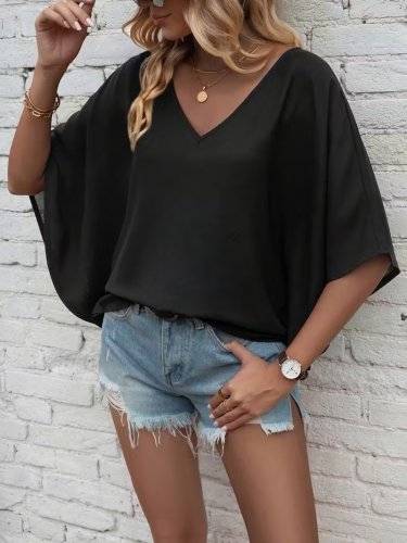 Kadın Kısa Kollu V Yakalı Salaş Viskon Bluz , 30643