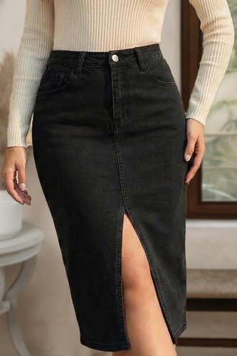 Kadın Yüksek Bel önden Yırtmaçlı Cepli Midi Kot Etek, 23464