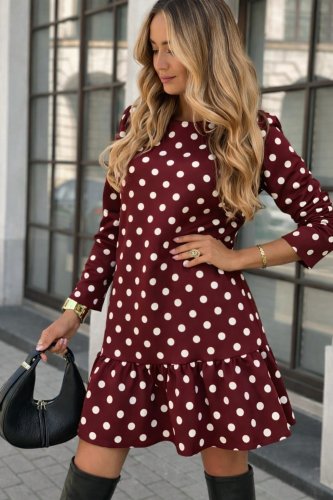 Kadın Uzun Kollu Bisiklet Yaka Fırfırlı Puantiyeli Kısa Modal Elbise, 28793