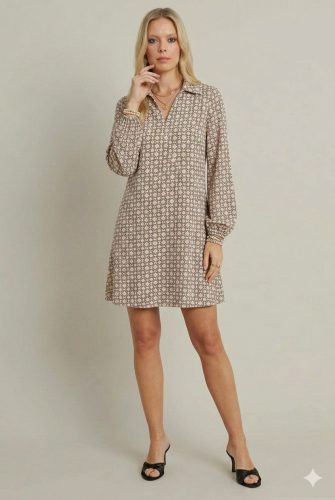 Kadın Uzun Kollu Yakalı Desenli Mini Modal Elbise , 29181