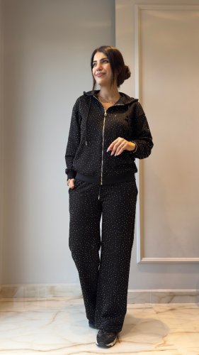 Kadın Uzun Kollu Kapşonlu Fermuarlı Taşlı önü Fermuarlı Viskon Iki Iplik Bluz Ve Eşofman Altı Ikili Takım , 30870