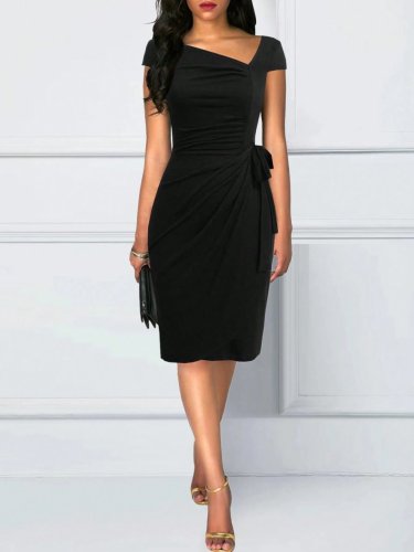 Kadın Kısa Kollu V Asimetrik Yaka Kesimli Yandan Bağlamalı Mini Janjan Krep Elbise , 30957