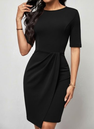 Kadın Kısa Kollu Bisiklet Yaka önden Büzgülü Mini Ithal Krep Elbise , 31003