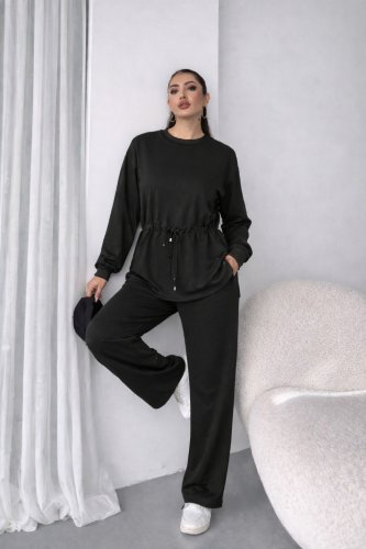 Kadın Uzun Kollu Bisiklet Yaka Belden Büzgülü Bağcıklı Viskon Iki Iplik Bluz Ve Pantolon Ikili Takım , 30425