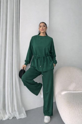 Kadın Uzun Kollu Bisiklet Yaka Belden Büzgülü Bağcıklı Viskon Iki Iplik Bluz Ve Pantolon Ikili Takım , 30428